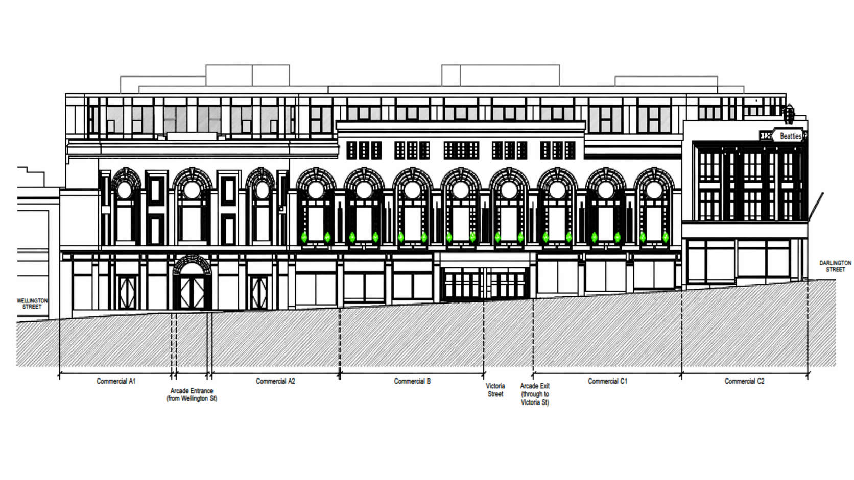 Historic Beatties elevation with Victoria Street and Darlington Street frontages (illustration).