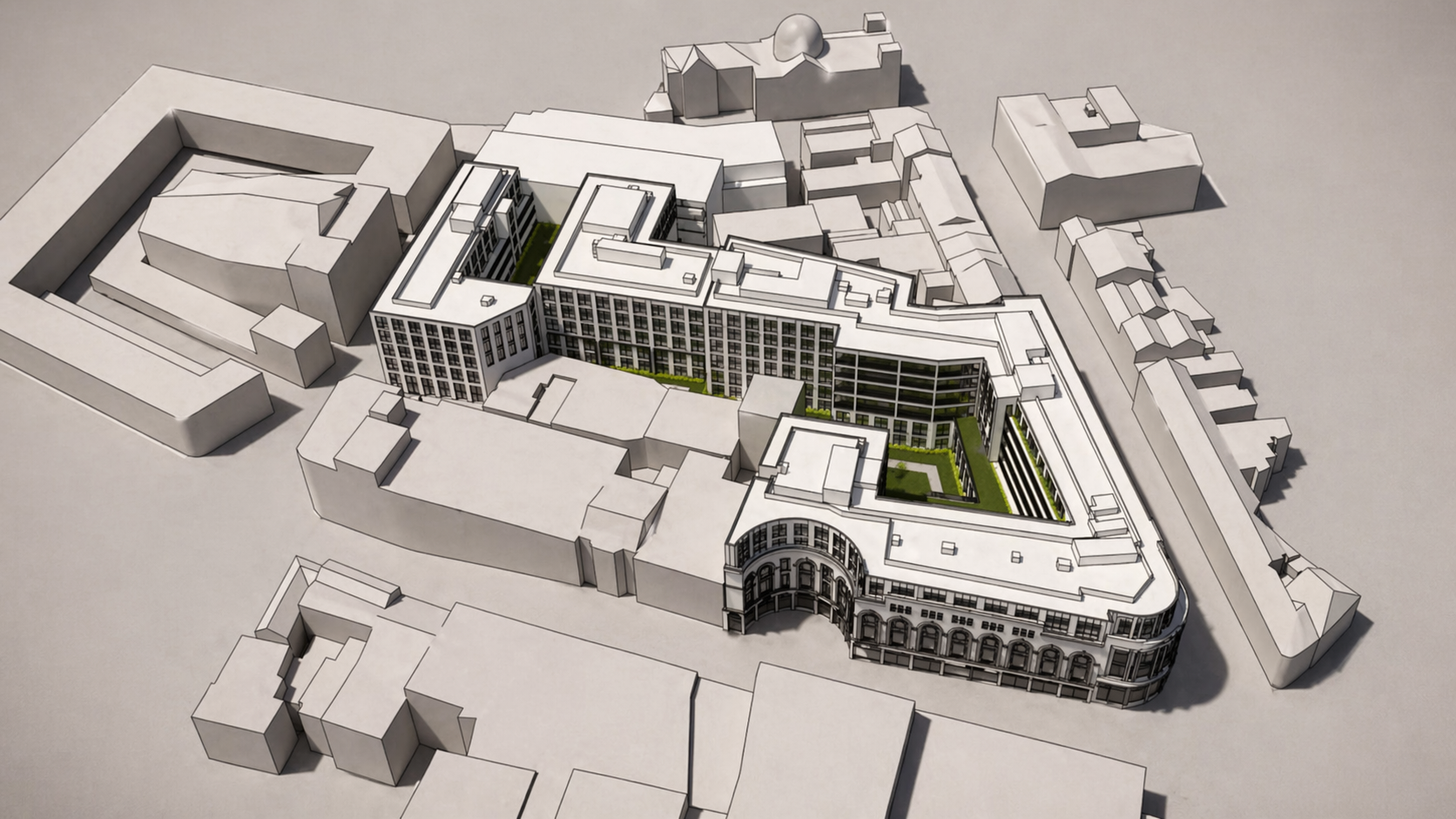 Site plan: Beatties and surrounding street block (illustration).